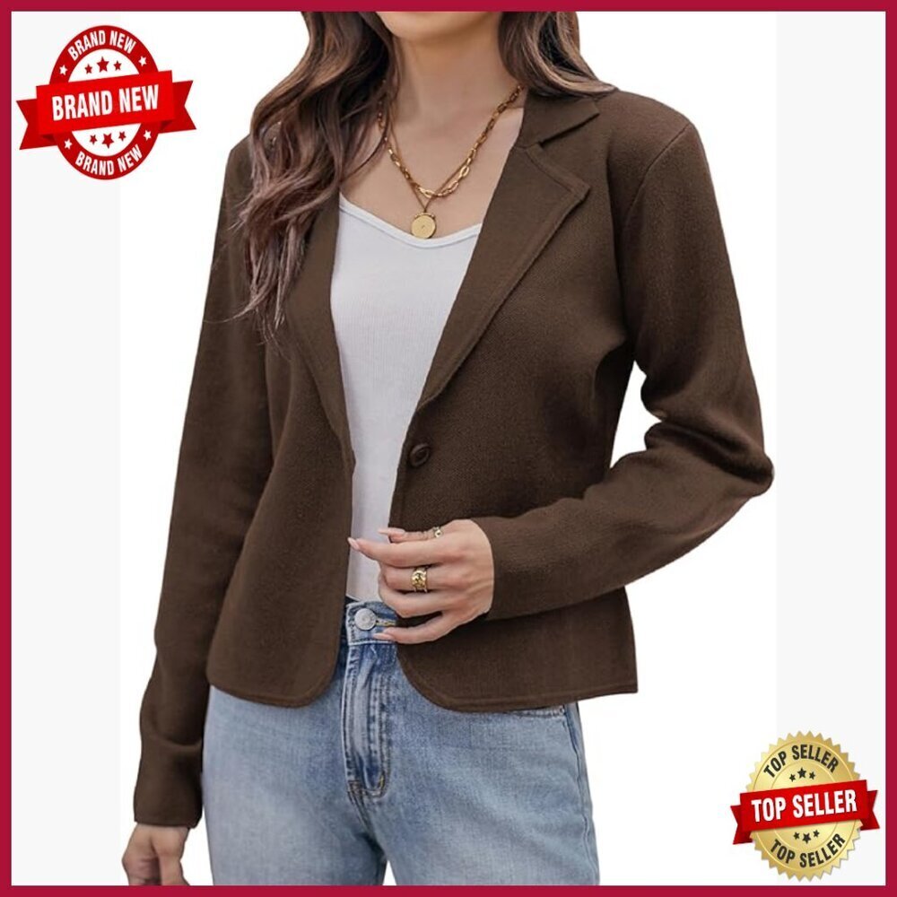 Cropped Knit Blazer Jacket Button Front Lightweight Casual Work Sweater